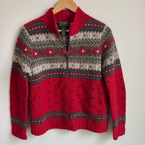 Lauren Ralph Lauren Hand Knit Lambswool Fair Isle Zip Cardigan Sweater SMALL - Picture 1 of 5